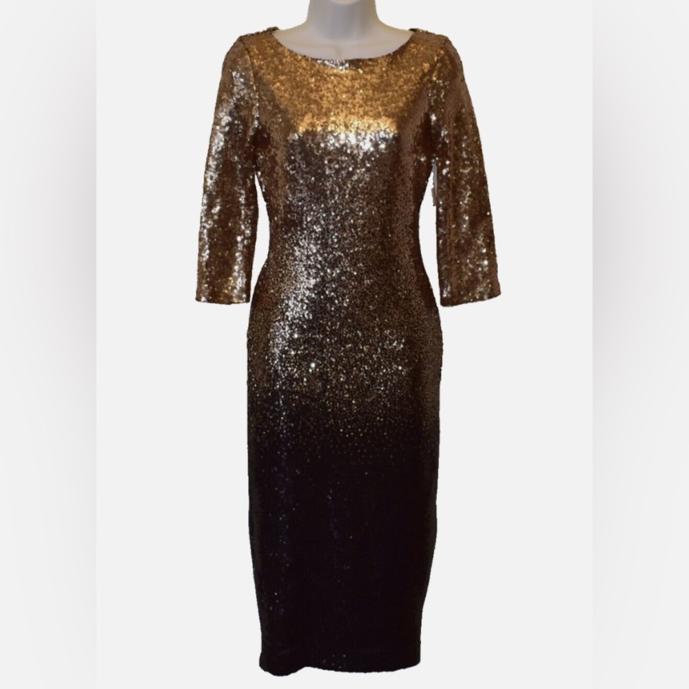 PREMIER AMOUR ROSE GOLD SEQUIN round neck 3/4 sleeve party holiday midi dress 6